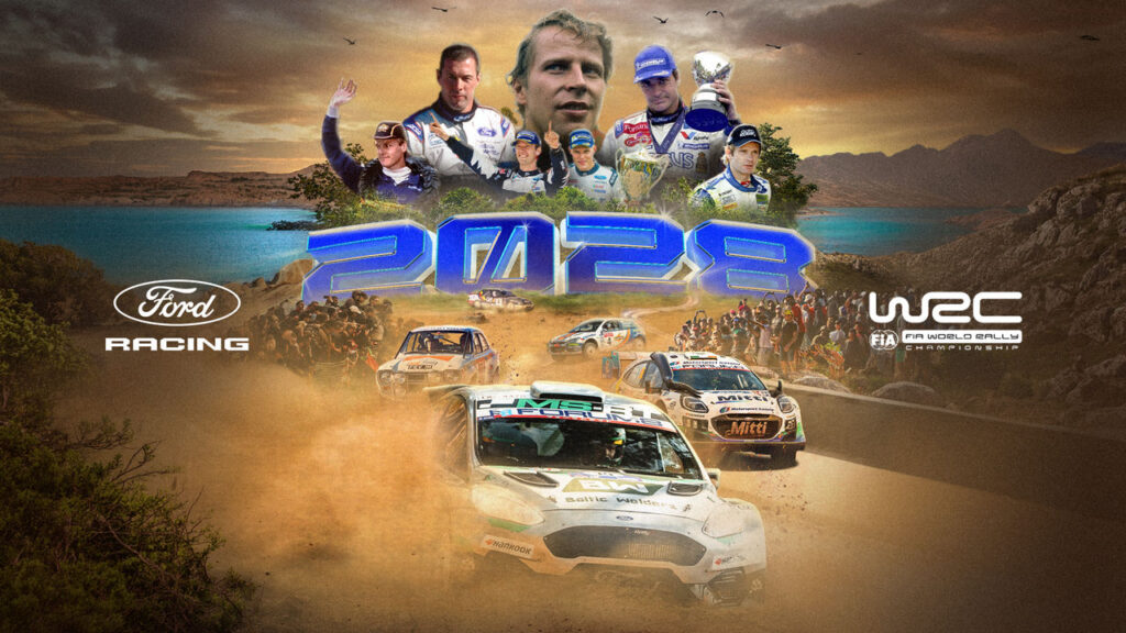 Ford Racing WRC 2028 graphic with classic and modern Ford rally cars on a dirt track and champion driver portraits.